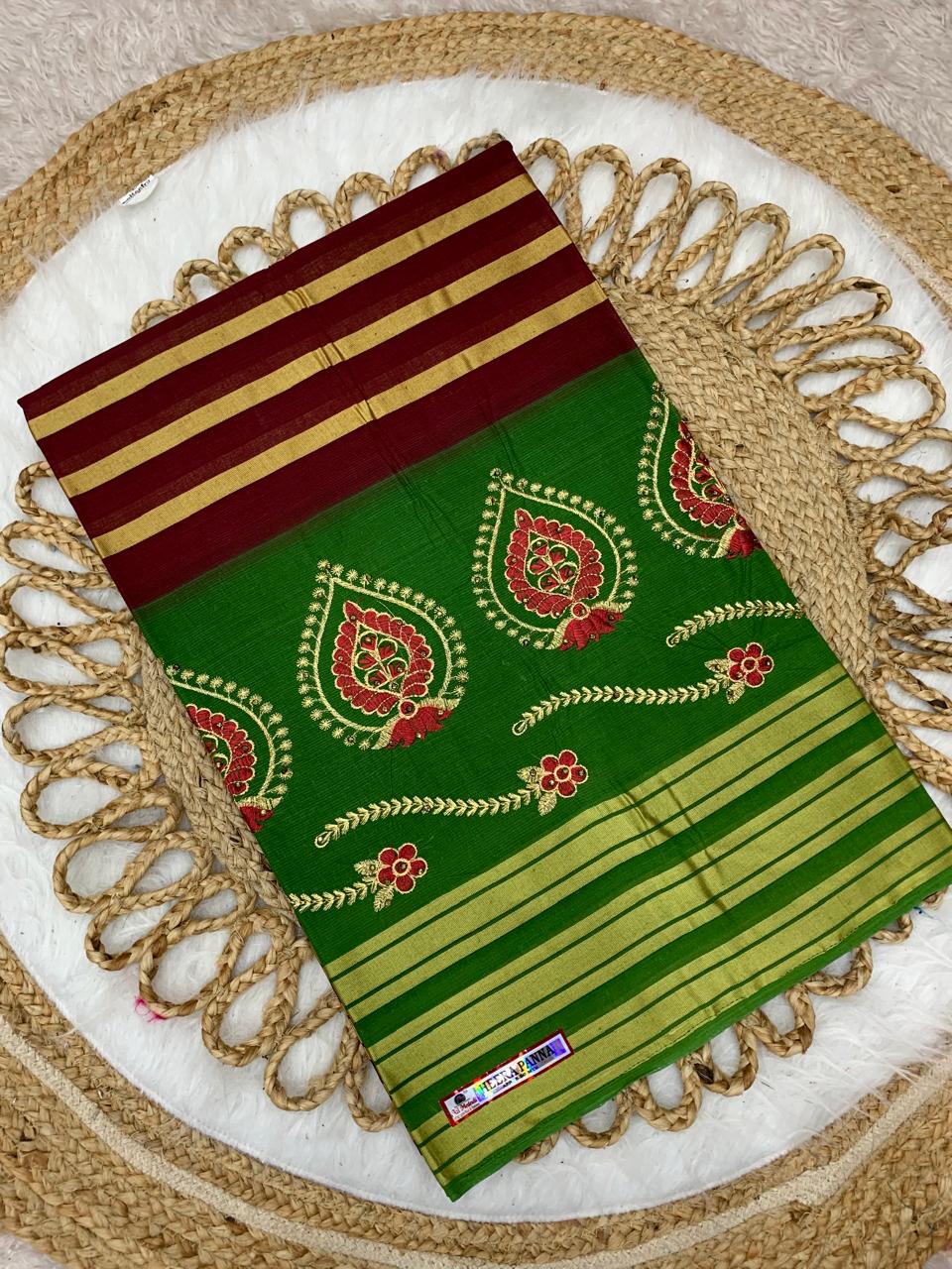 CT-HEERA PANNA PURE SUTI SAREE WITH BEAUTIFUL EMBORIDERY WORK