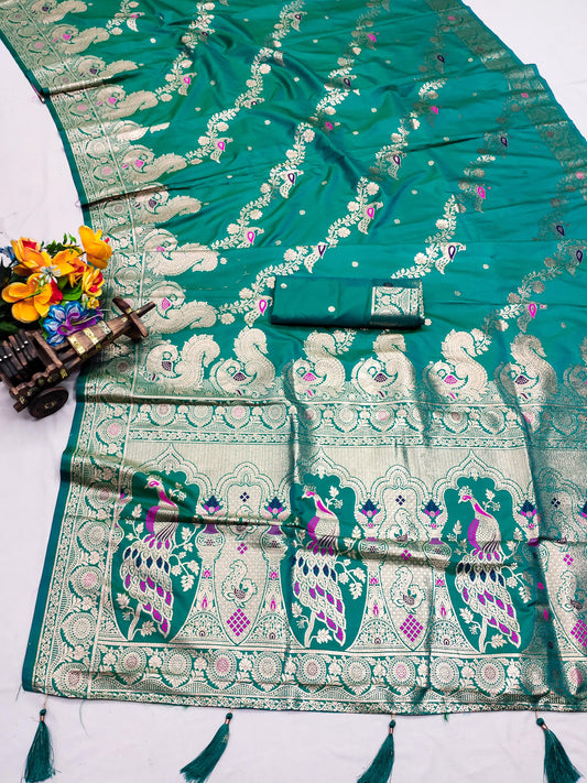 AJ-MEENA-PEACOCK ULTRA PREMIUM SILK SAREE WITH BEAUTIFUL BANARASI JAREE WEAVING WITH BEAUTIFUL PEACOCK DESIGN  WITH AWESOME RICH PALLU WITH LUXURY TASSELS ATTACHED
