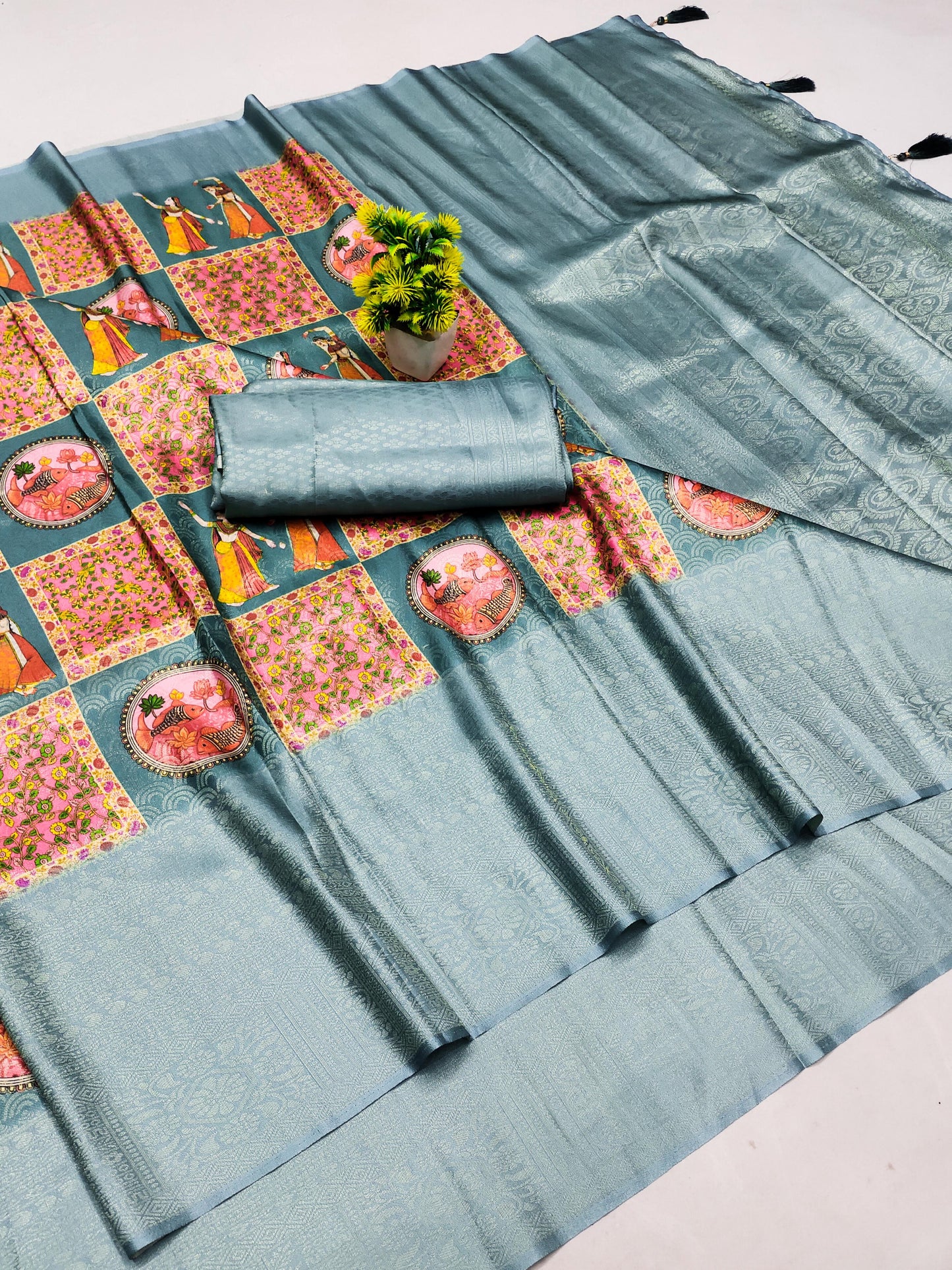 DP-NOOR  Premium Softy Silk Saree with Beautiful Rajasthani Digital Print and Tussels attached
