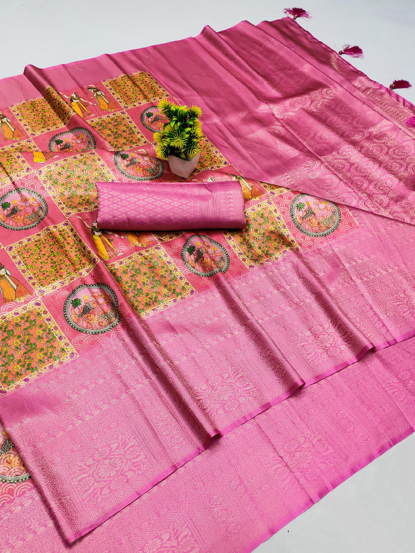 DP-NOOR  Premium Softy Silk Saree with Beautiful Rajasthani Digital Print and Tussels attached