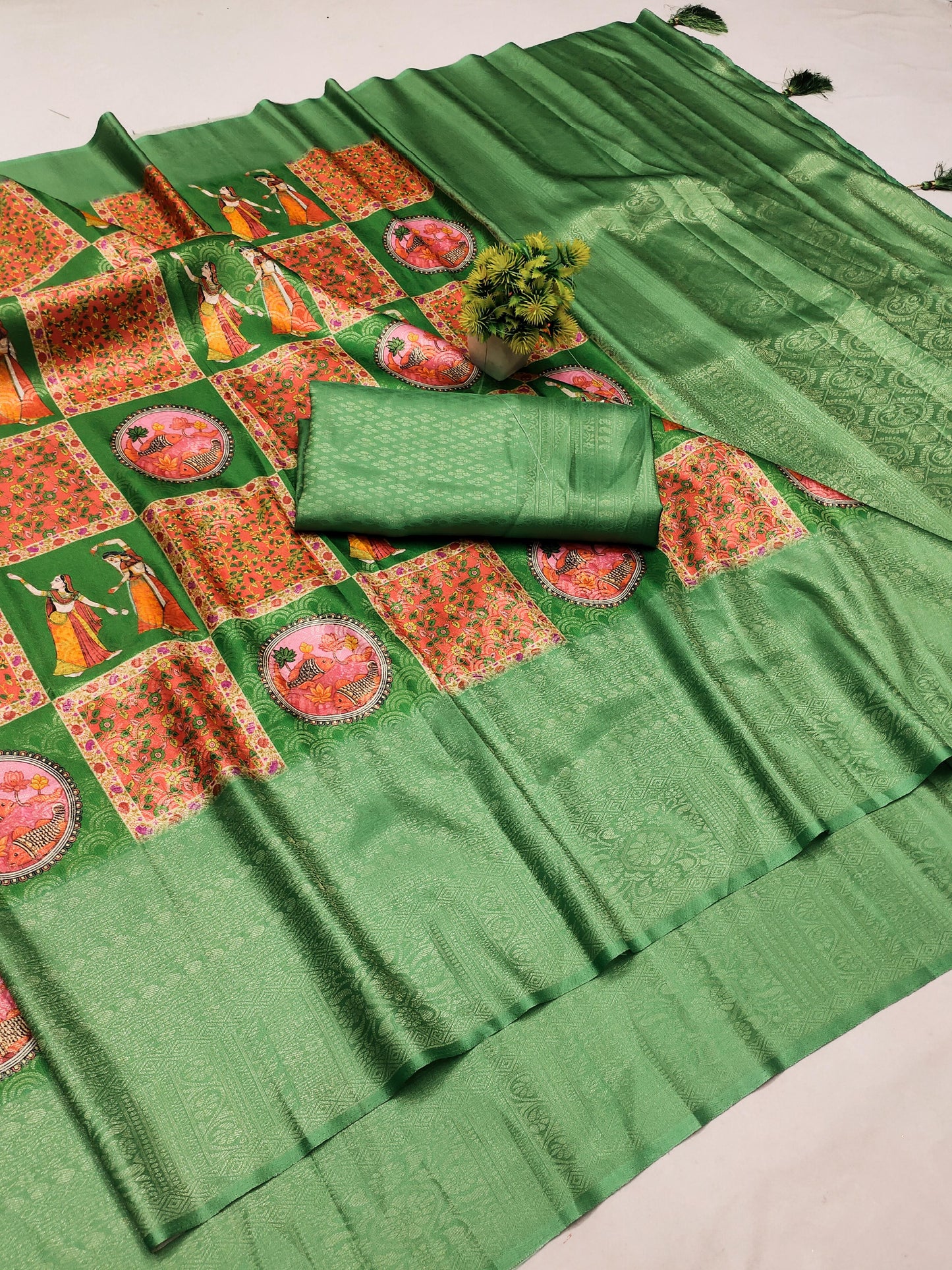 DP-NOOR  Premium Softy Silk Saree with Beautiful Rajasthani Digital Print and Tussels attached