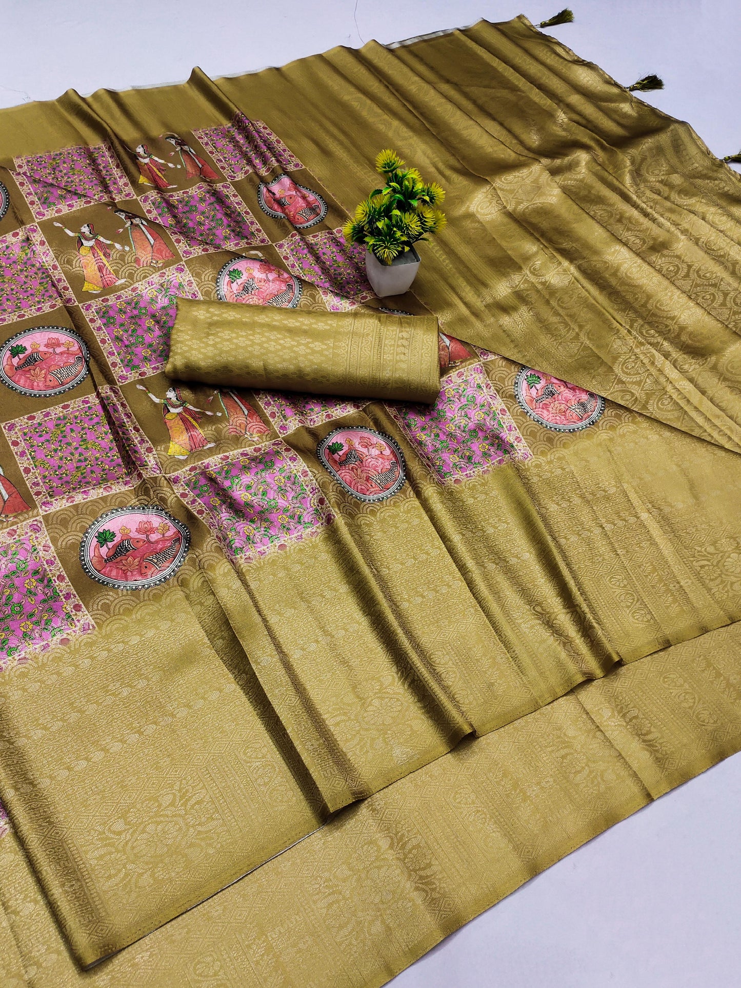 DP-NOOR  Premium Softy Silk Saree with Beautiful Rajasthani Digital Print and Tussels attached