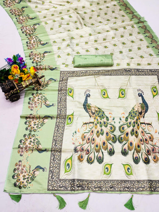 DP-Vrindavan Premium Softy Silk Saree with Beautiful Peacock Digital Print and Tussels attached.