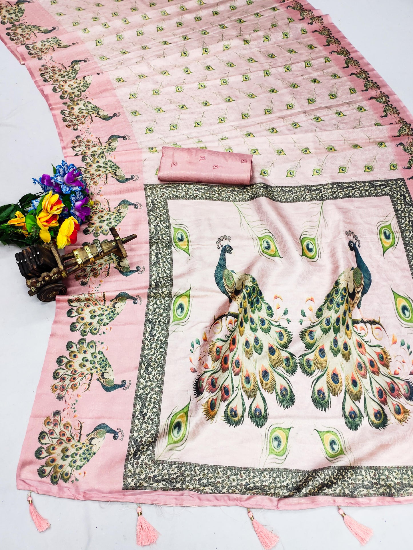 DP-Vrindavan Premium Softy Silk Saree with Beautiful Peacock Digital Print and Tussels attached.