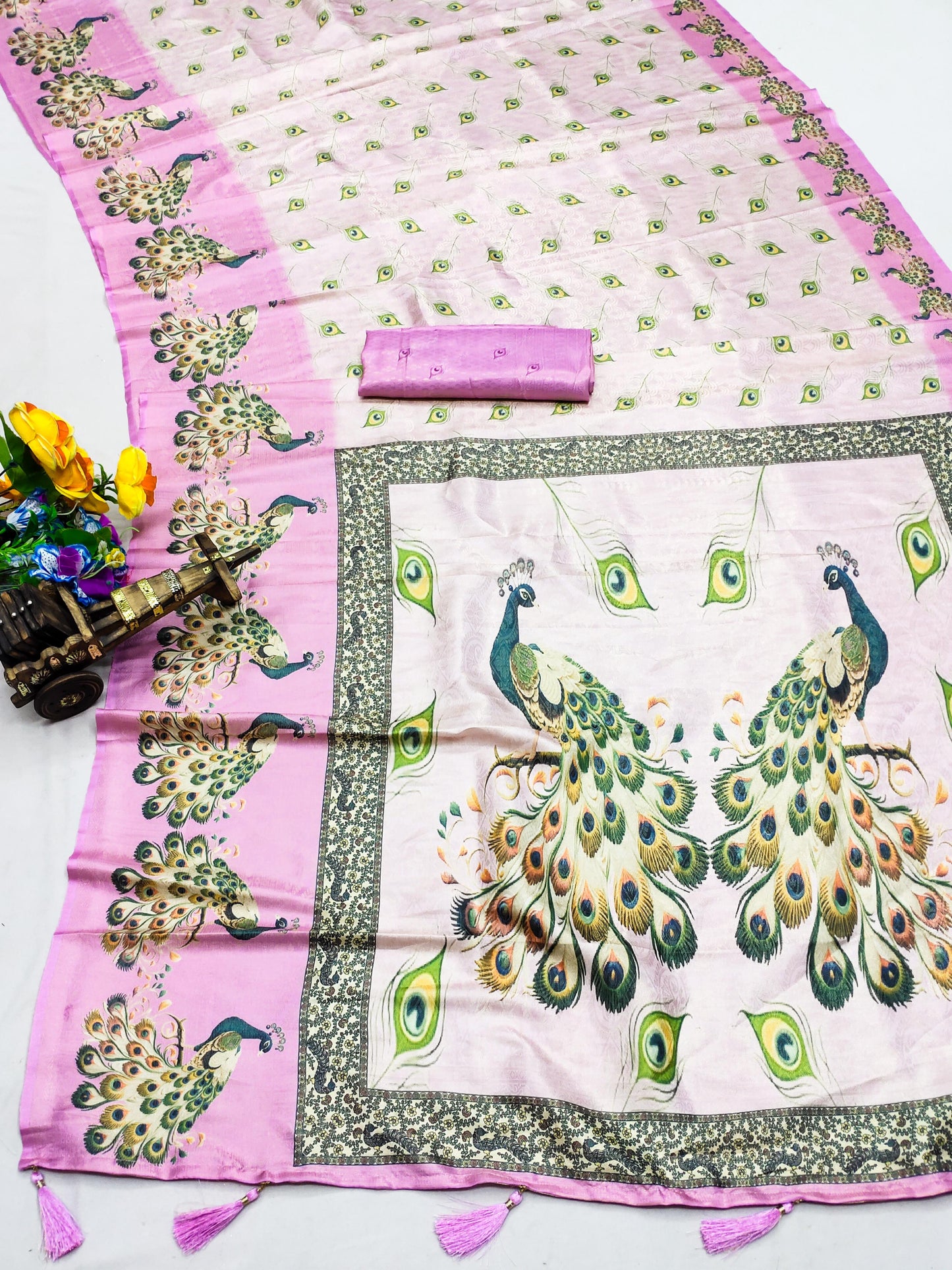 DP-Vrindavan Premium Softy Silk Saree with Beautiful Peacock Digital Print and Tussels attached.