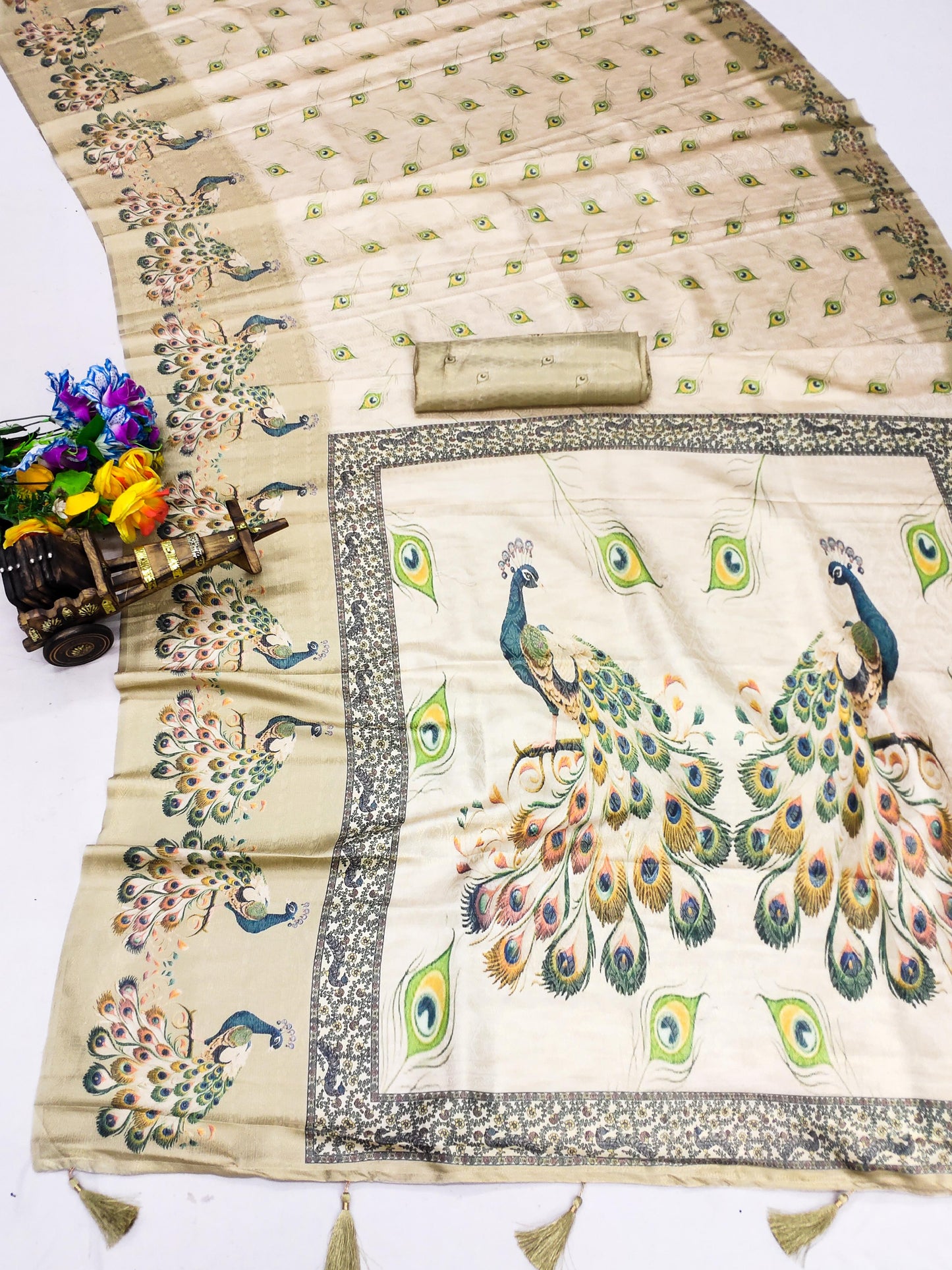 DP-Vrindavan Premium Softy Silk Saree with Beautiful Peacock Digital Print and Tussels attached.