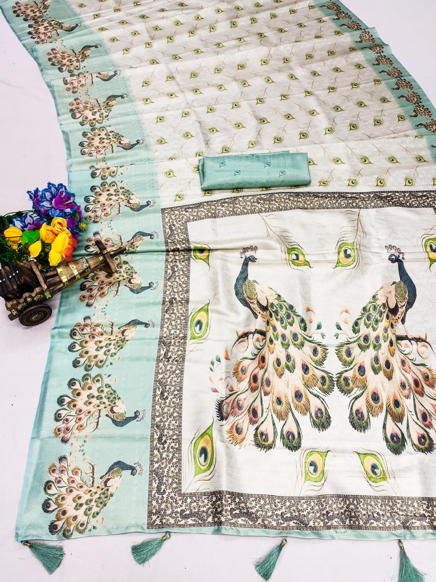 DP-Vrindavan Premium Softy Silk Saree with Beautiful Peacock Digital Print and Tussels attached.