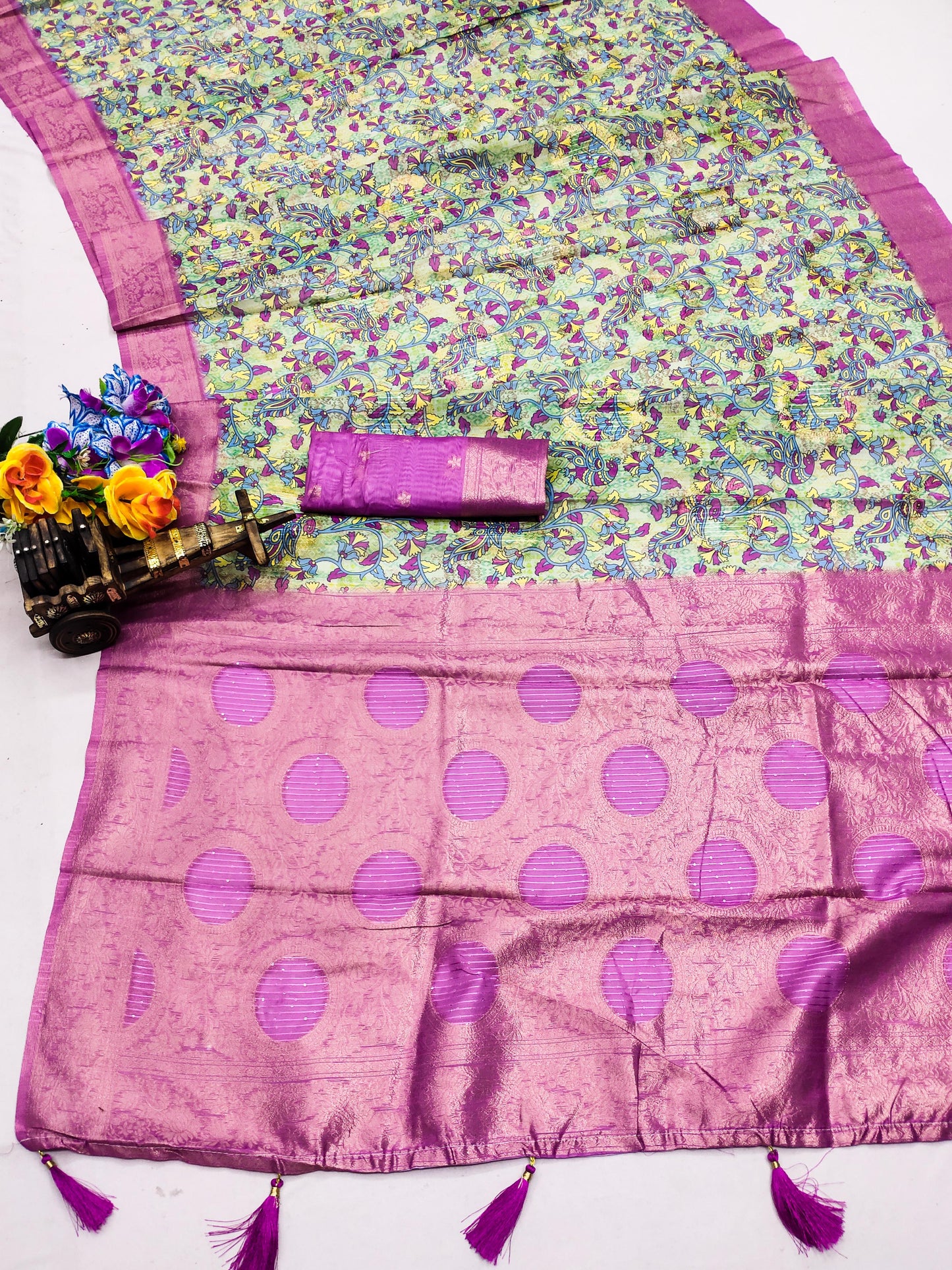 DP-KESARI  Premium European Silk Saree with Sequence Lining, Jhaal like Digital Print and Tussels attached