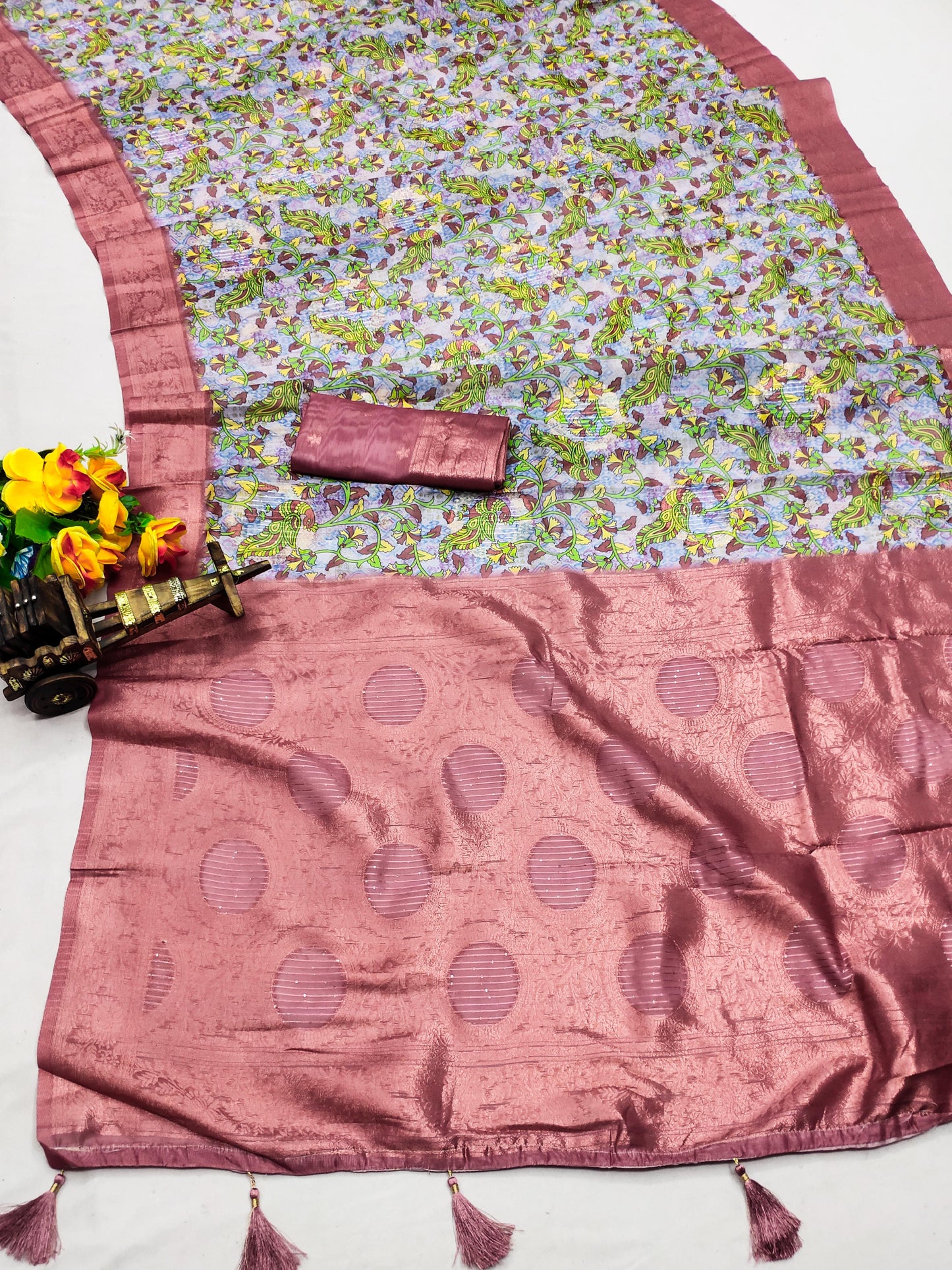 DP-KESARI  Premium European Silk Saree with Sequence Lining, Jhaal like Digital Print and Tussels attached