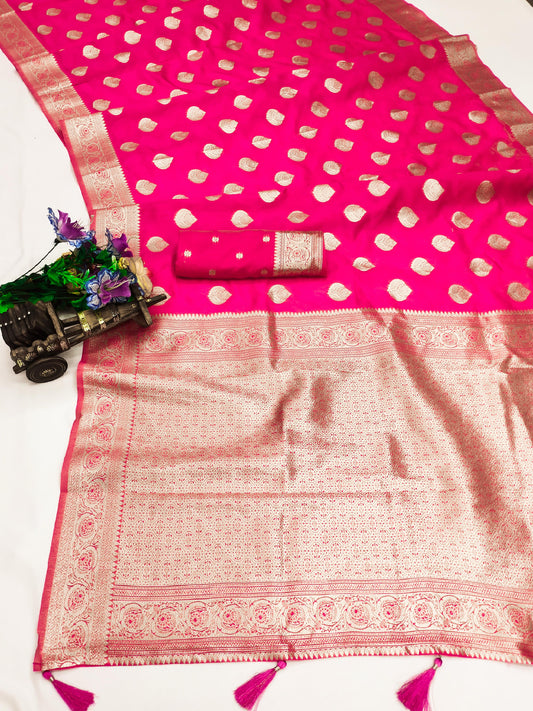 AJ-AMRITSAR SOFT SILK SAREE WITH BEAUTIFUL BUTHA DESIGN WITH TONE TO TONE BORDER WITH SELF WEAVING WORK AND RICH PALLU WITH TASSELS ATTACHED