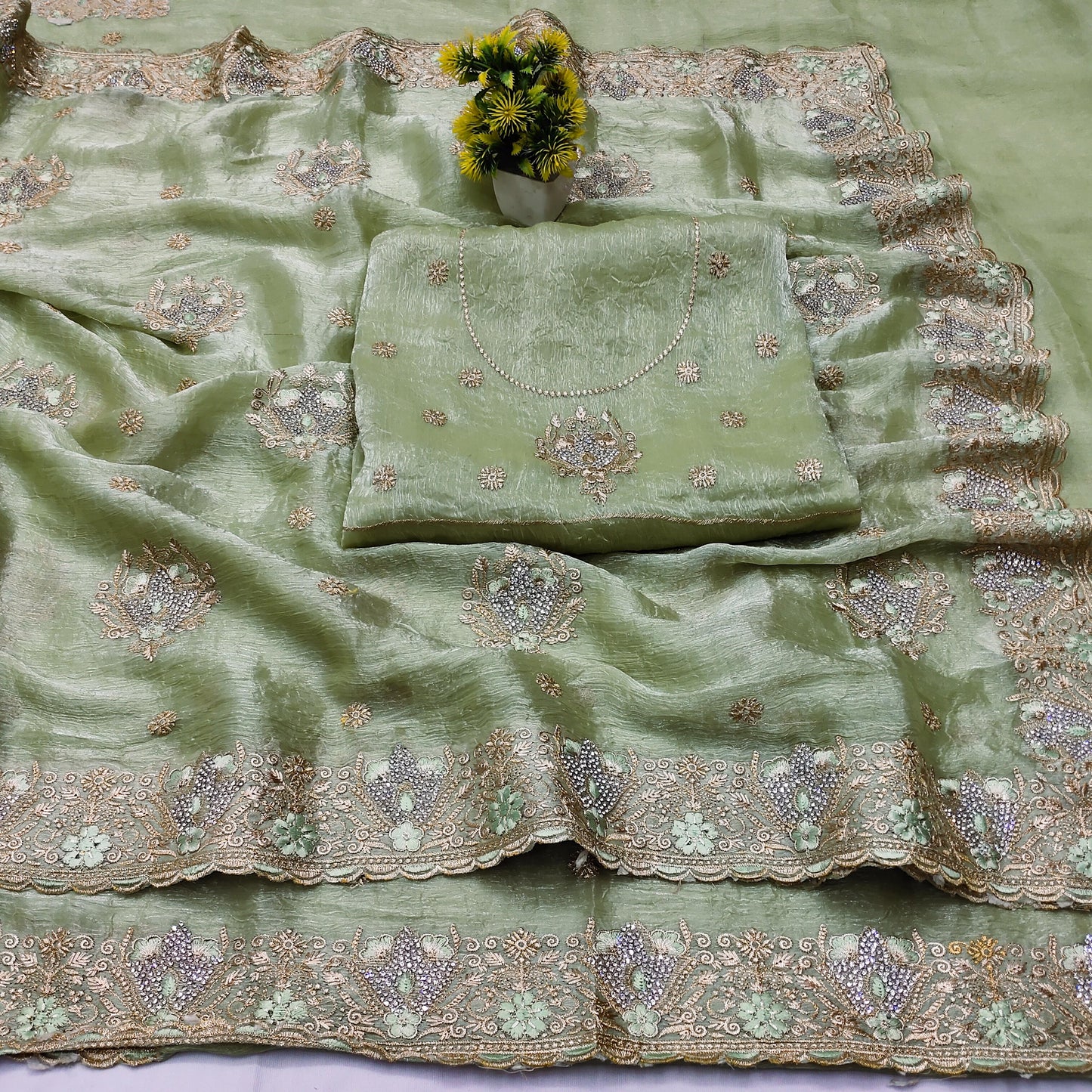 DF-JASMINE CRUSH FENDI CHIFFON SAREE WIHT BEAUTIFUL THREAD WORK WITH JARKAN WORK ALL OVER