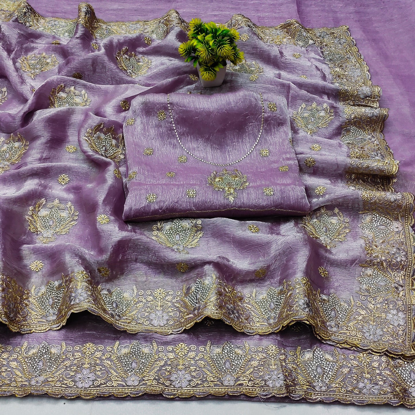 DF-JASMINE CRUSH FENDI CHIFFON SAREE WIHT BEAUTIFUL THREAD WORK WITH JARKAN WORK ALL OVER