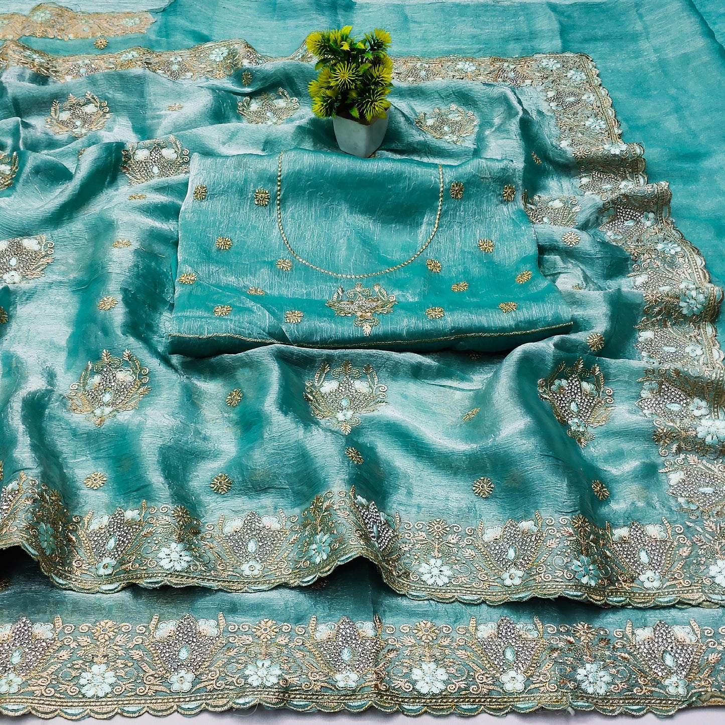 DF-JASMINE CRUSH FENDI CHIFFON SAREE WIHT BEAUTIFUL THREAD WORK WITH JARKAN WORK ALL OVER