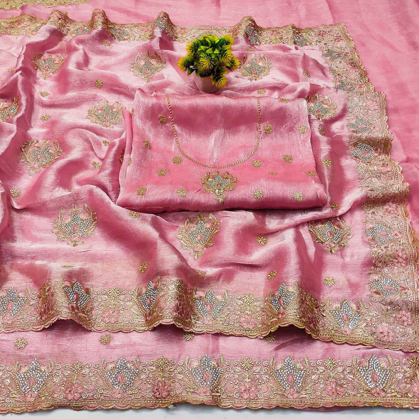 DF-JASMINE CRUSH FENDI CHIFFON SAREE WIHT BEAUTIFUL THREAD WORK WITH JARKAN WORK ALL OVER