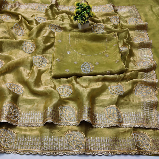 DF-PRIYANKA FENDI GOLD SAREE WITH TWO TONE EFFECT IWHT BEAUTIFUL BORDER CONCEPT WITH SIROSKI WORK AND FOIL WORK