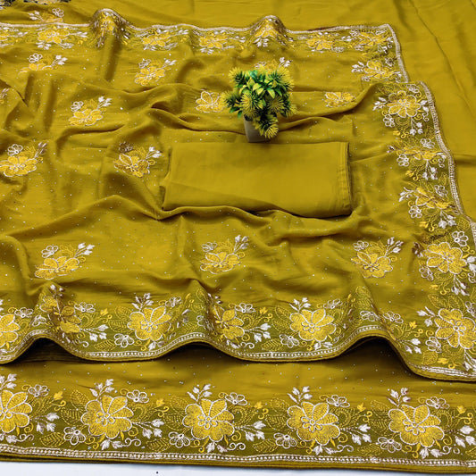 DF-BANGLORE FANCY CHOCOLATE SAREE WITH BEAUTIFUL JAREE AND THREAD WORK FLOWER DESIGN WITH SIROSKI WORK ALL OVER
