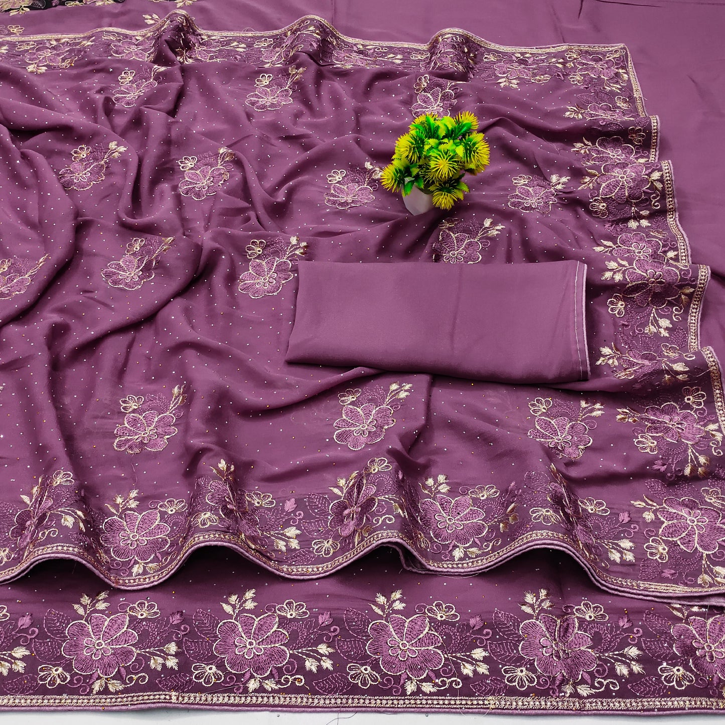 DF-BANGLORE FANCY CHOCOLATE SAREE WITH BEAUTIFUL JAREE AND THREAD WORK FLOWER DESIGN WITH SIROSKI WORK ALL OVER