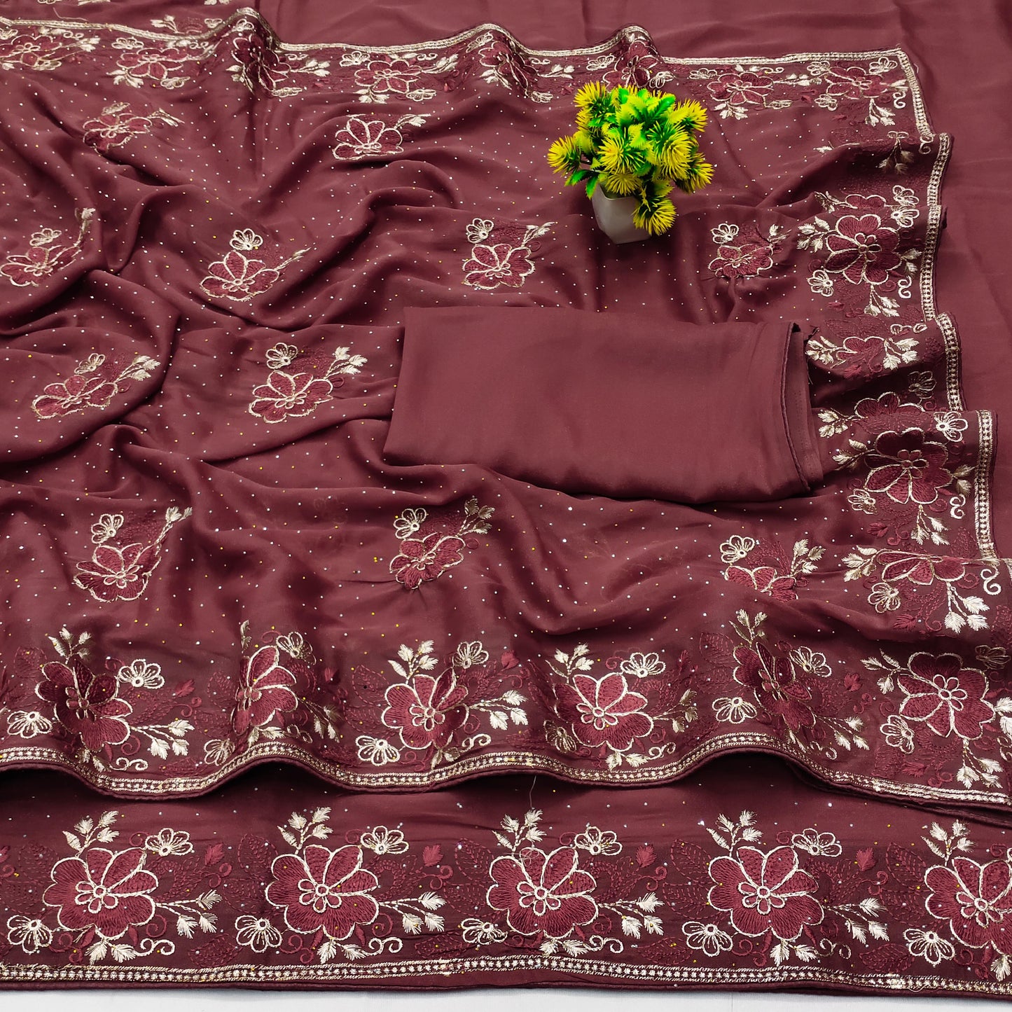 DF-BANGLORE FANCY CHOCOLATE SAREE WITH BEAUTIFUL JAREE AND THREAD WORK FLOWER DESIGN WITH SIROSKI WORK ALL OVER