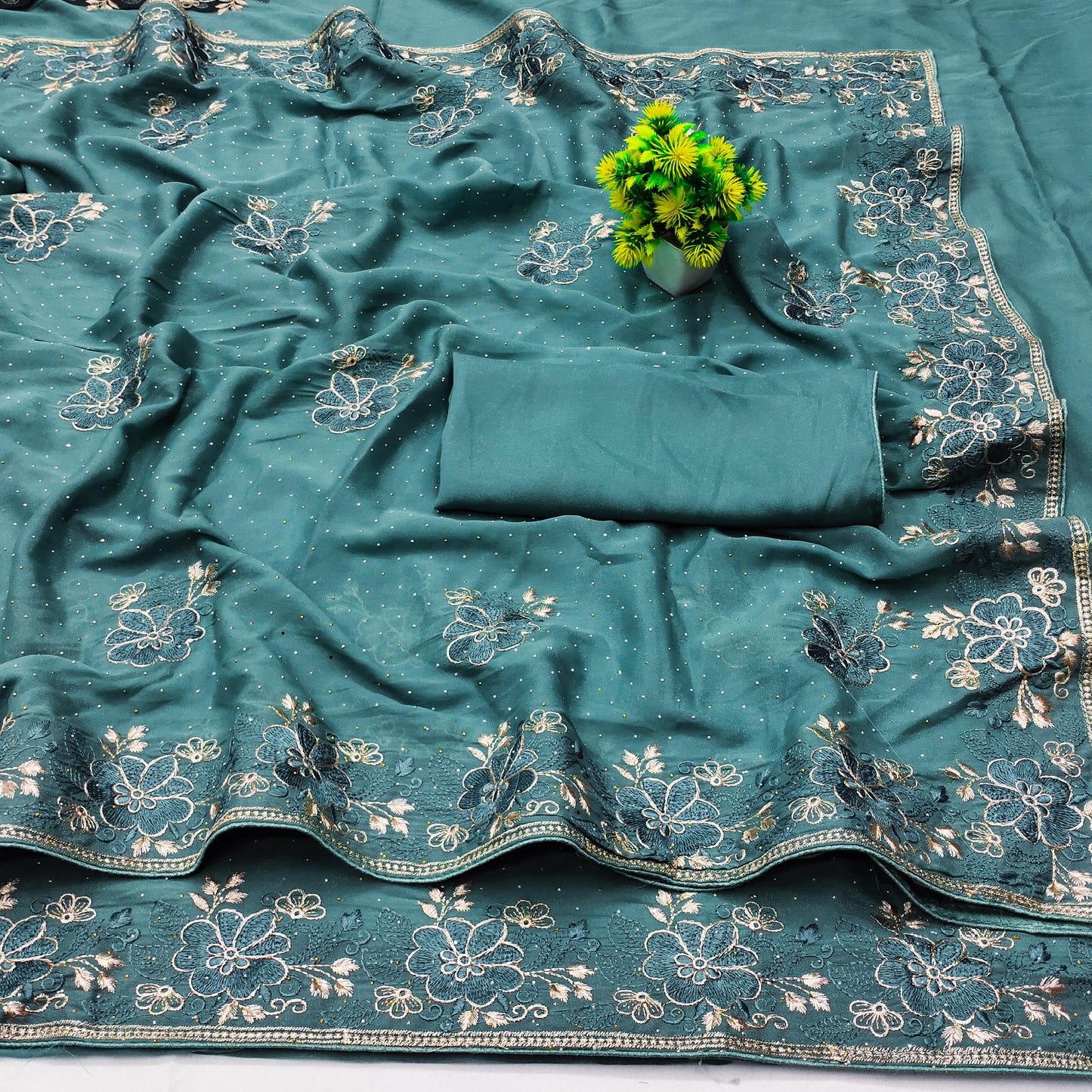 DF-BANGLORE FANCY CHOCOLATE SAREE WITH BEAUTIFUL JAREE AND THREAD WORK FLOWER DESIGN WITH SIROSKI WORK ALL OVER