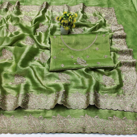 DF-RAJKOT FENDI GOLD TWO TONE COLOUR SAREE WITH BEAUTIFUL WITH HEAVY EMBORIDER WORK LEAF DESIGN WITH HEAVY BLOUSE