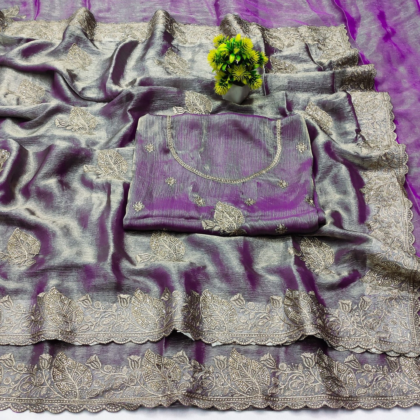 DF-RAJKOT FENDI GOLD TWO TONE COLOUR SAREE WITH BEAUTIFUL WITH HEAVY EMBORIDER WORK LEAF DESIGN WITH HEAVY BLOUSE