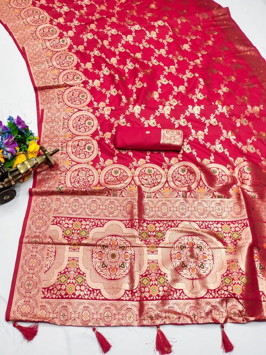 AJ-SARASWATI SOFT SILK SAREE WITH HEAVY PALLU WITH PATLI WORK AND MEENAKARI WORK WITH BANRASI DESIGN WEAVING WITH TASSELS ON PALLU