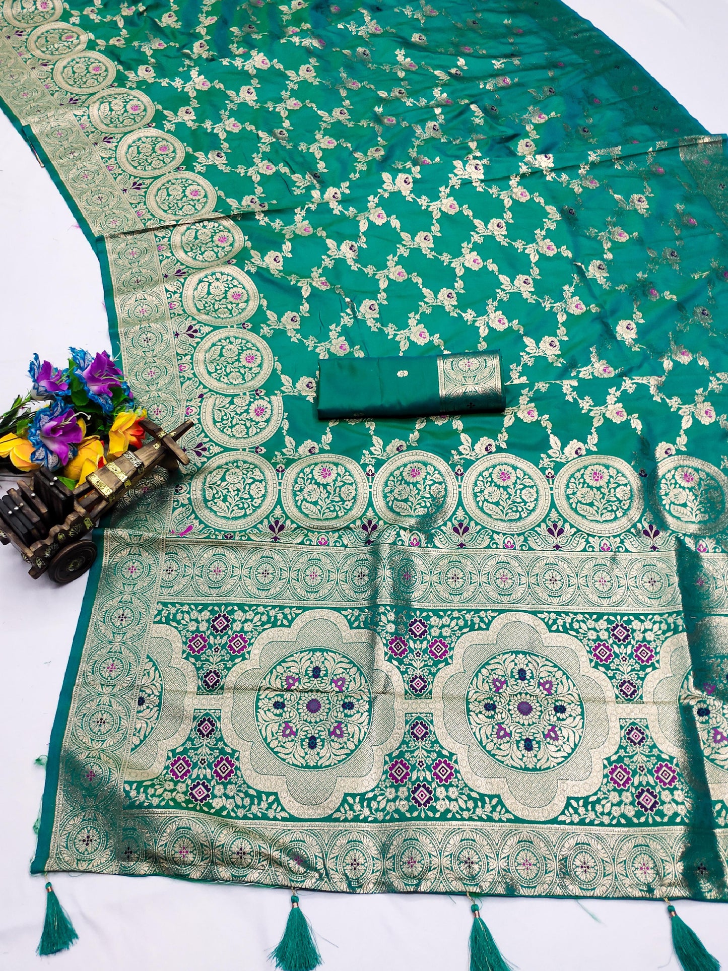 AJ-SARASWATI SOFT SILK SAREE WITH HEAVY PALLU WITH PATLI WORK AND MEENAKARI WORK WITH BANRASI DESIGN WEAVING WITH TASSELS ON PALLU