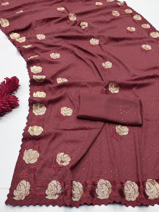 DF-Rachna PREMIUM CHOCLATE SAREE WITH BEATIFUL THREAD WORK DESIGNER PIECE WITH SIROSKI ALL OVER