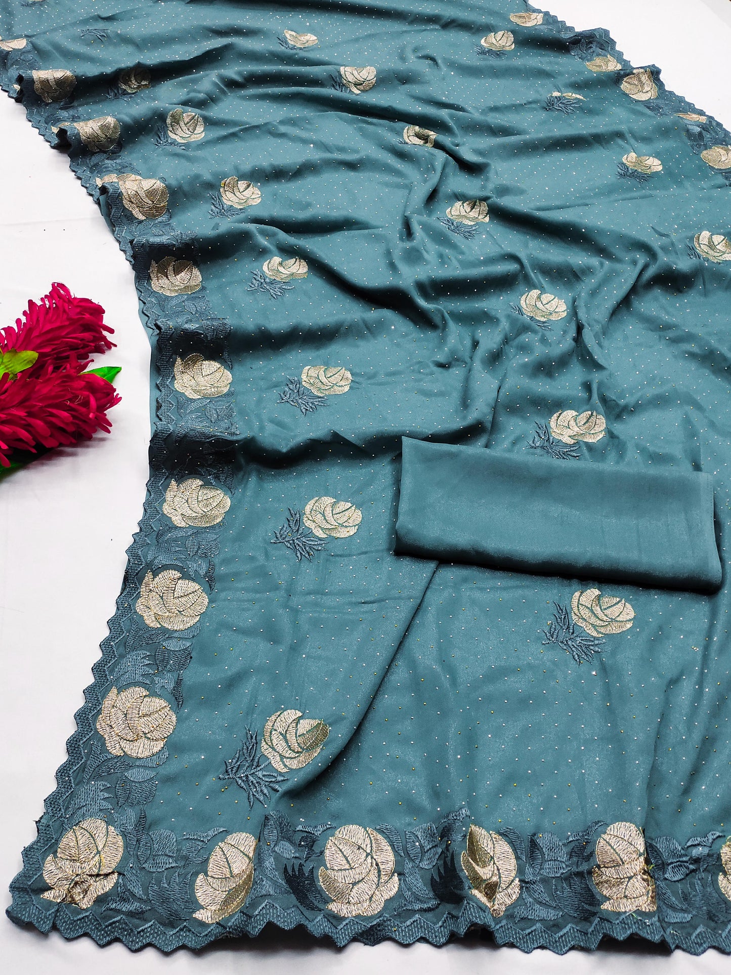 DF-Rachna PREMIUM CHOCLATE SAREE WITH BEATIFUL THREAD WORK DESIGNER PIECE WITH SIROSKI ALL OVER