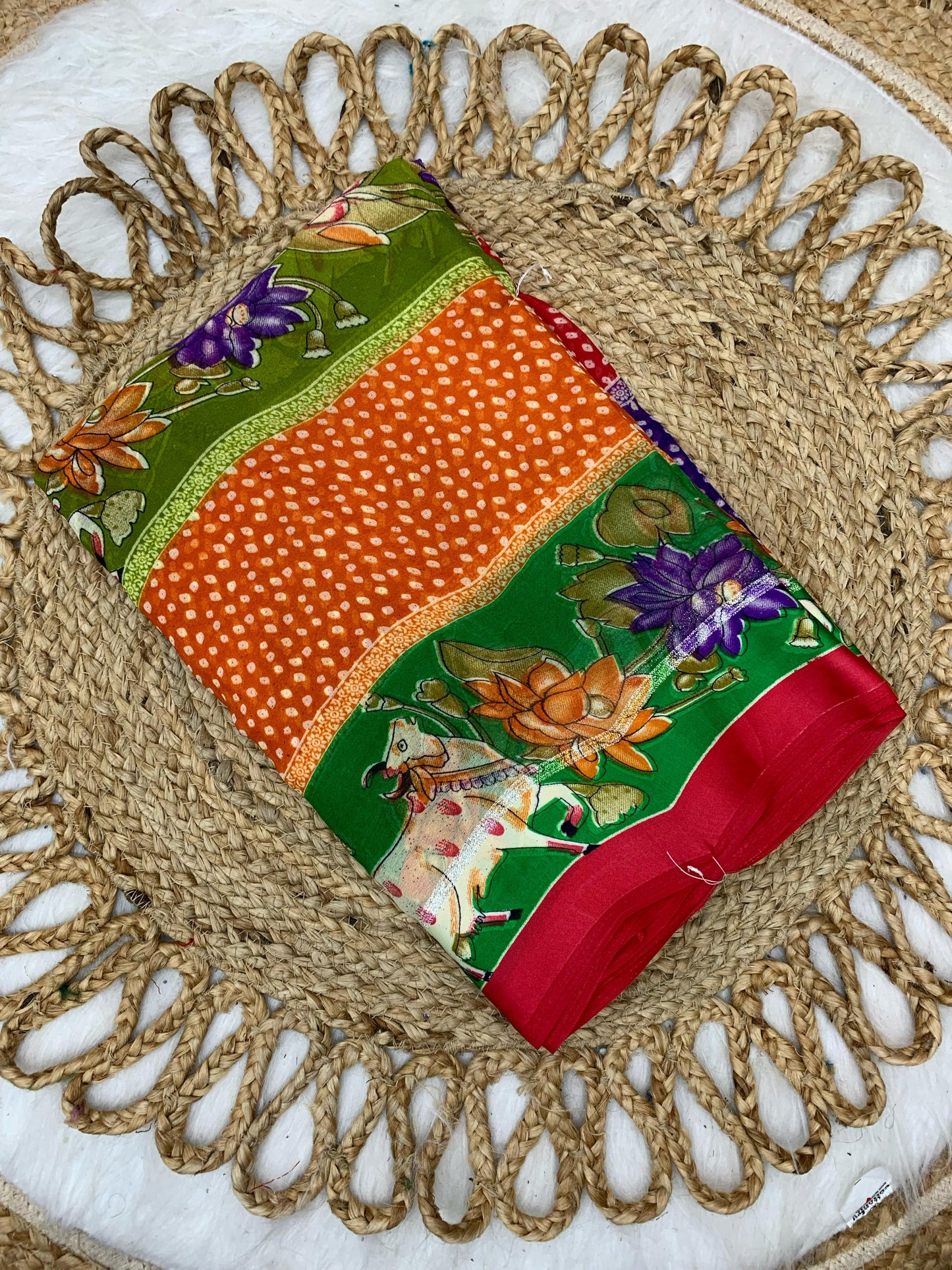 CP-7070 SATIN MOSS SAREE WITH COW AND KALAMKARI DESIGN WITH MOSS PATTA SOFT FEEL SAREE