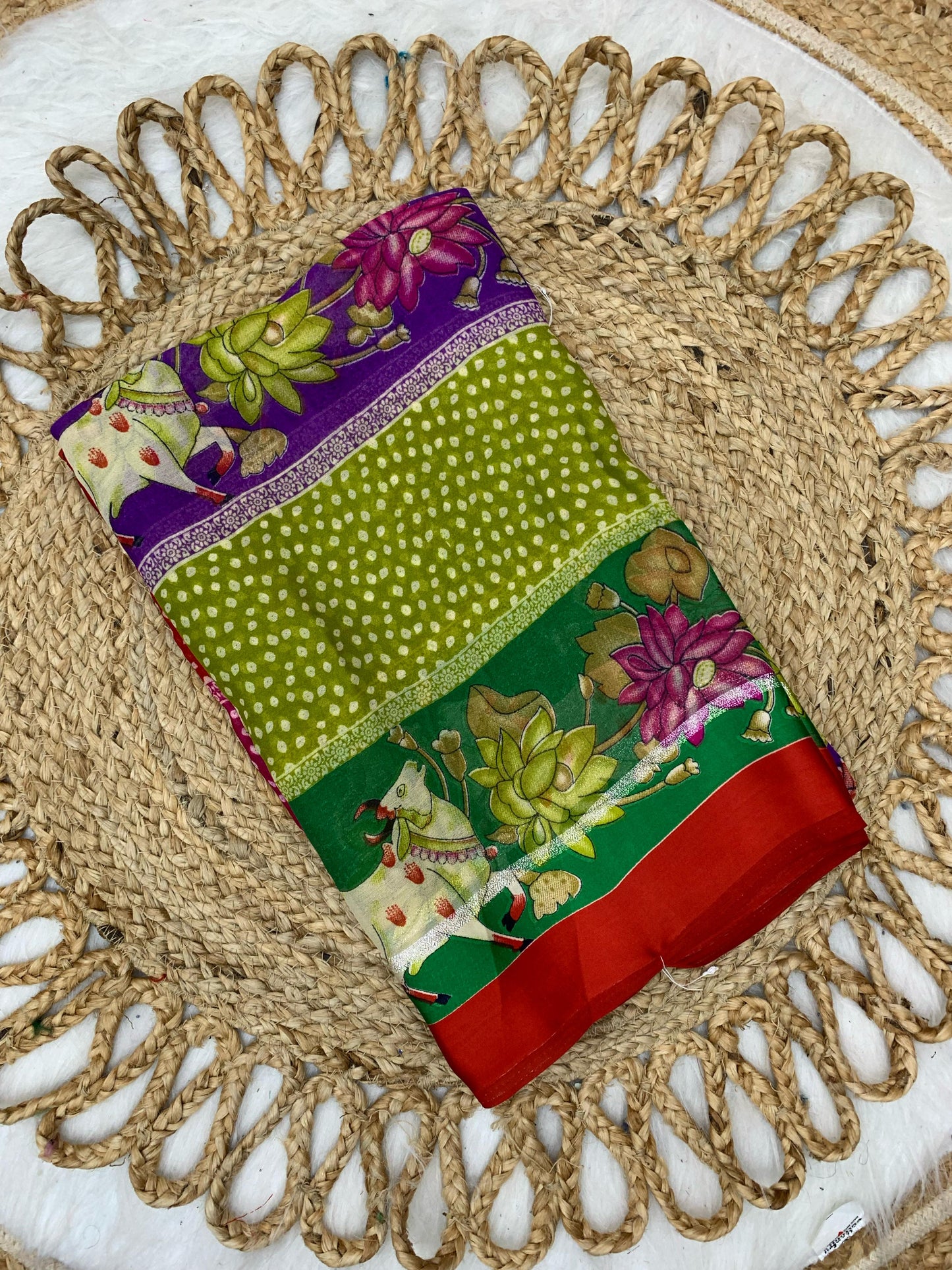 CP-7070 SATIN MOSS SAREE WITH COW AND KALAMKARI DESIGN WITH MOSS PATTA SOFT FEEL SAREE