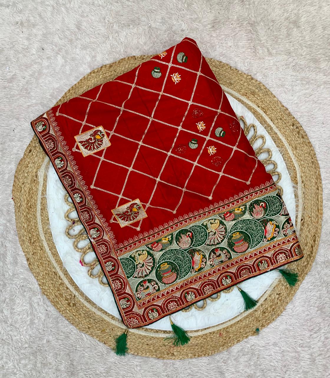 BS-PANCH-MAHA VICHITRA SILK WITH GHARCHOLA DESIGN WITH HEAVY PALLU WITH DIAMOND WORK ALL OVER WITH TASSELS