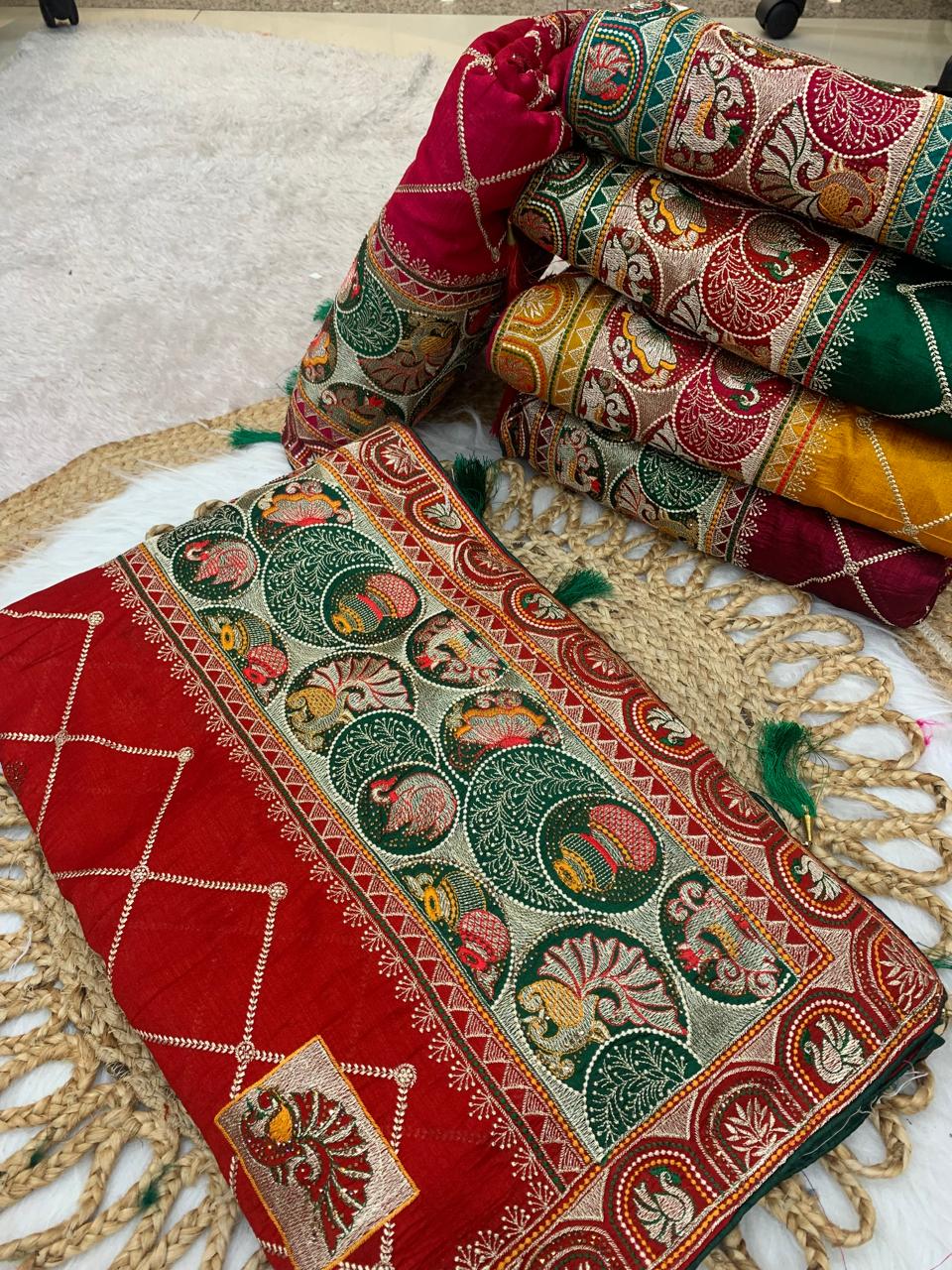 BS-PANCH-MAHA VICHITRA SILK WITH GHARCHOLA DESIGN WITH HEAVY PALLU WITH DIAMOND WORK ALL OVER WITH TASSELS