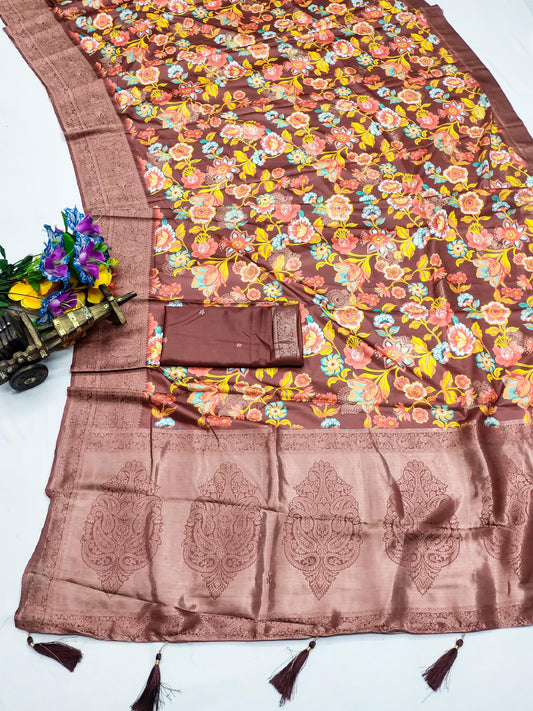 DP-JAGMAG Premium European Silk Saree with Beautiful Flower Print all over with Rich Pallu