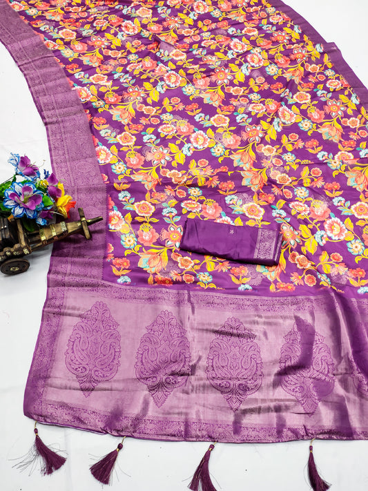 DP-JAGMAG Premium European Silk Saree with Beautiful Flower Print all over with Rich Pallu