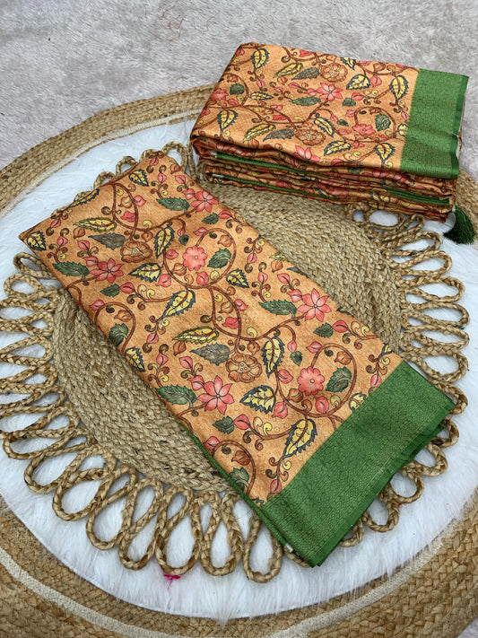 DP-SOFTY DIGITAL DOLA SILK SAREE WITH BEAUTIFUL KALAMKARI DESIGN WITH BEAUTIFUL SINGLE COLOUR