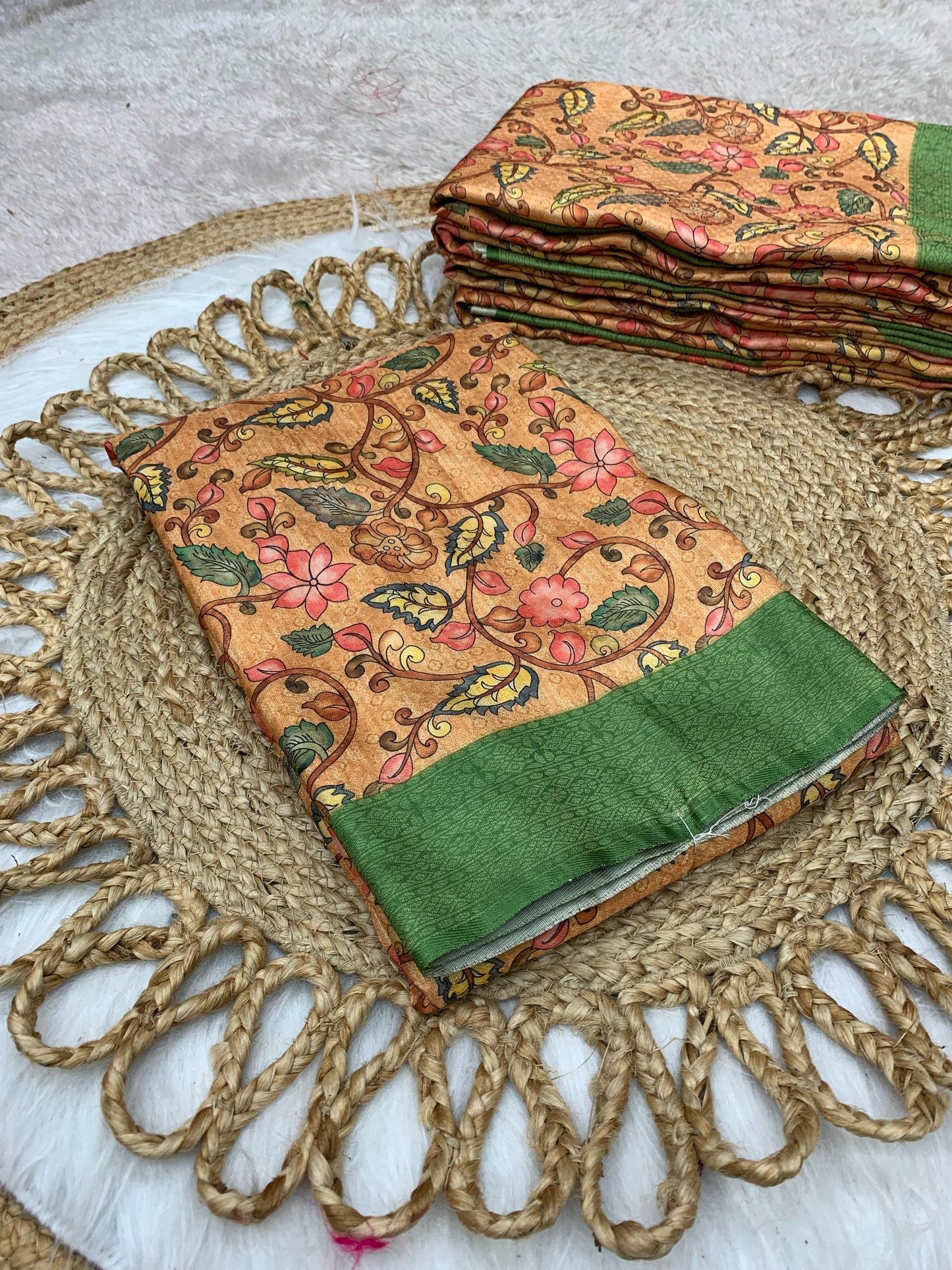DP-SOFTY DIGITAL DOLA SILK SAREE WITH BEAUTIFUL KALAMKARI DESIGN WITH BEAUTIFUL SINGLE COLOUR