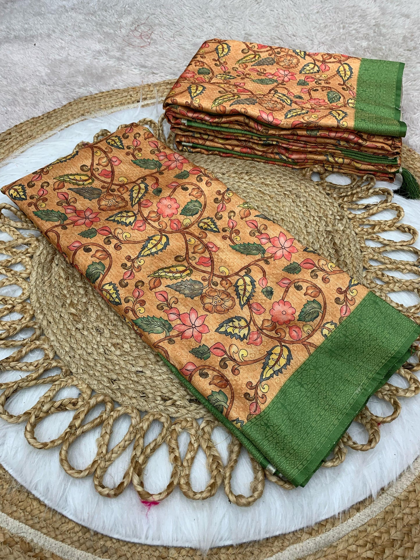 DP-SOFTY DIGITAL DOLA SILK SAREE WITH BEAUTIFUL KALAMKARI DESIGN WITH BEAUTIFUL SINGLE COLOUR