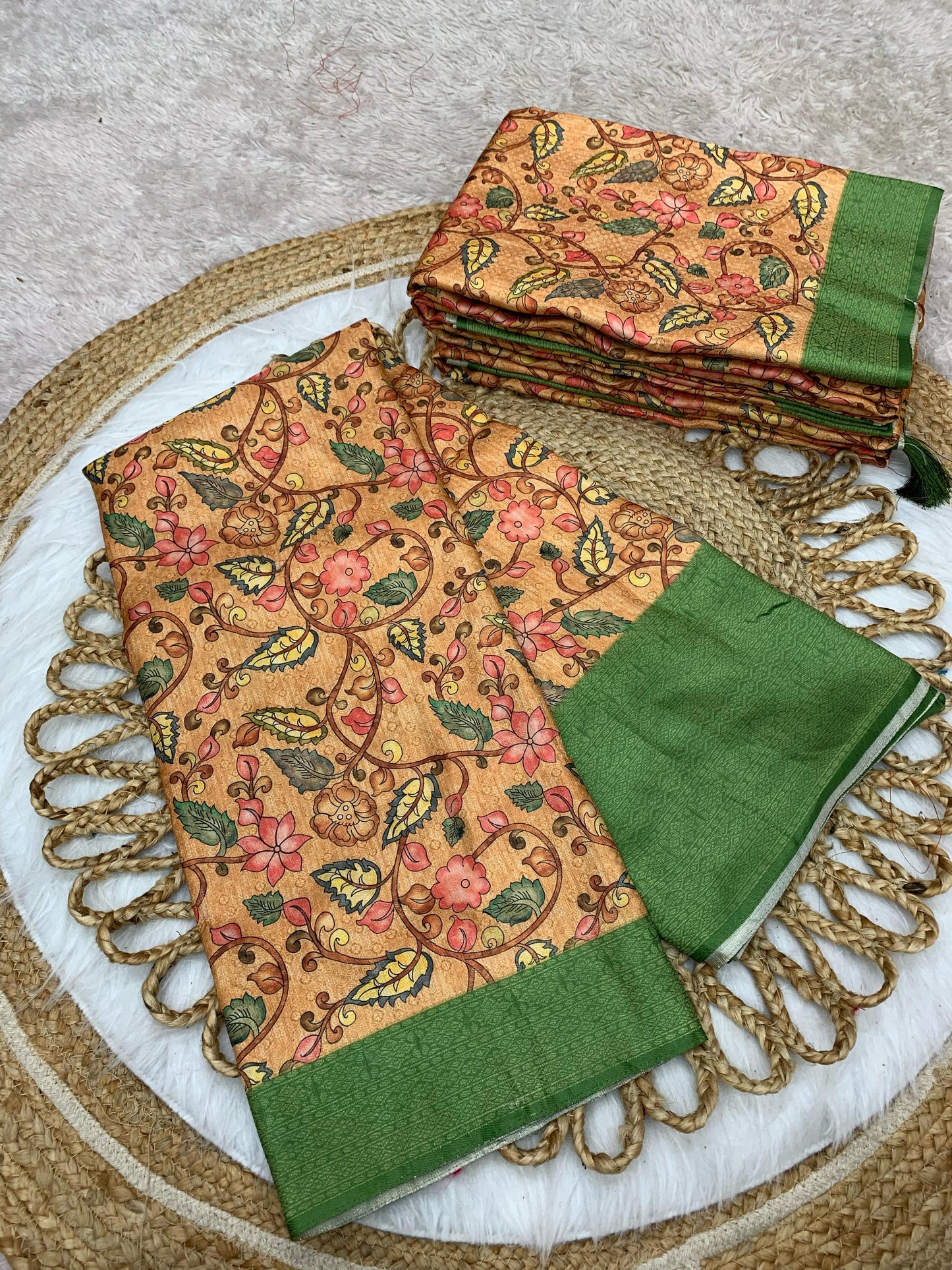 DP-SOFTY DIGITAL DOLA SILK SAREE WITH BEAUTIFUL KALAMKARI DESIGN WITH BEAUTIFUL SINGLE COLOUR