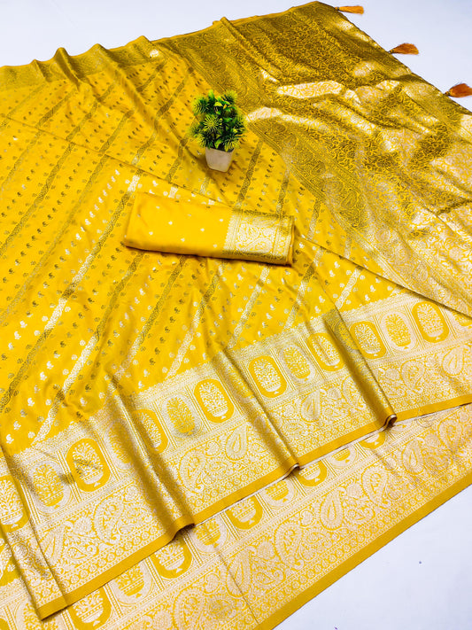 AJ-SAIYAAN PREMIUM SOFT SILK WITH LAHERIA PATTERN CRAFTED WITH BANARASI JARI WEAVING AND TASSELS