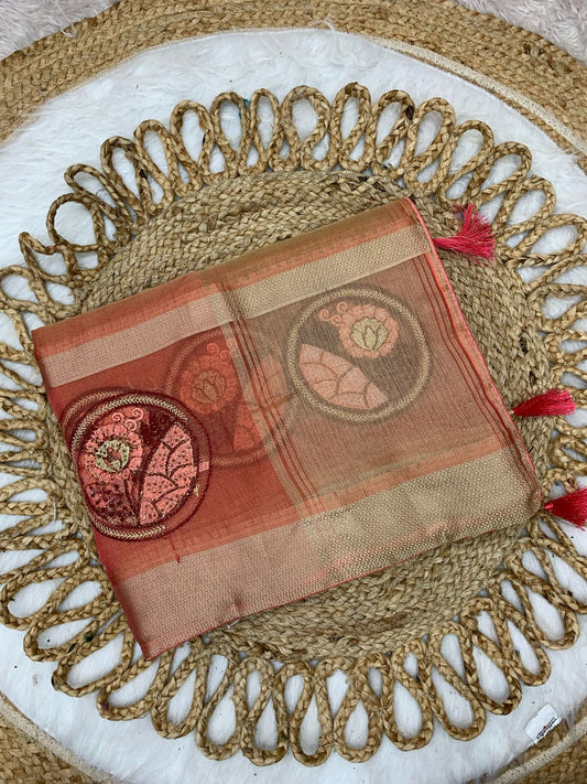 KAS-ORANGE SIMMER CXC ORGNAZA WITH BEAUTIFUL CIRCLE WITH THREAD WORK BEAUTIFUL LINING PATTERN KHADI TYPE FEEL WITH TASSELS