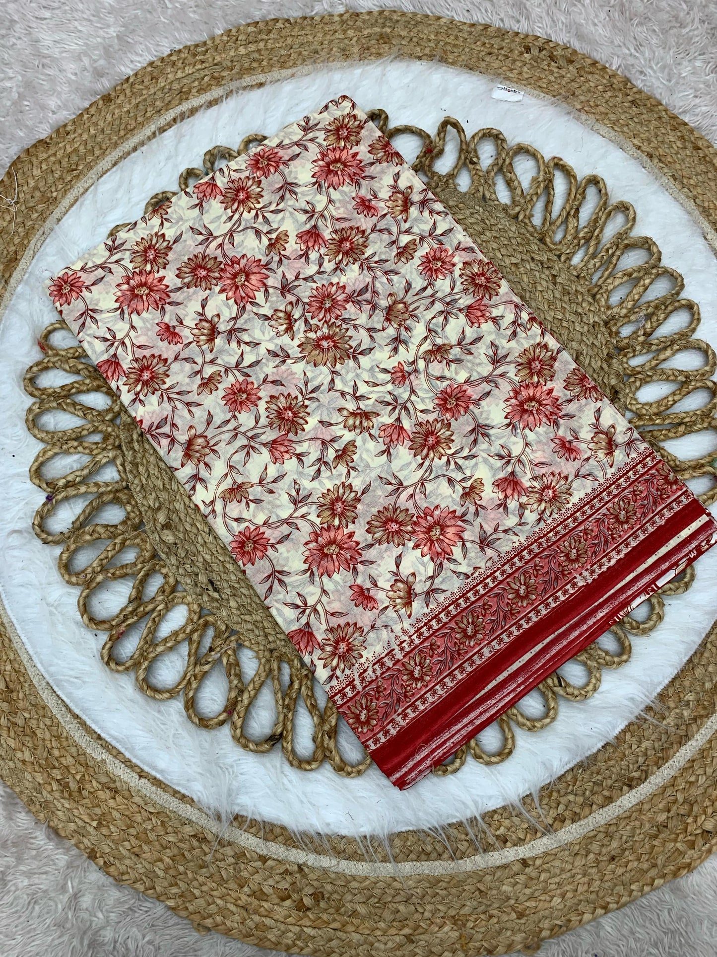 CT-SUMMER SPECIAL CREAM PURE MUL-MUL SUTI SAREE WITH BEAUTIFUL PRINT WITH HEAVY PALLU WITH BLOUSE PEICE