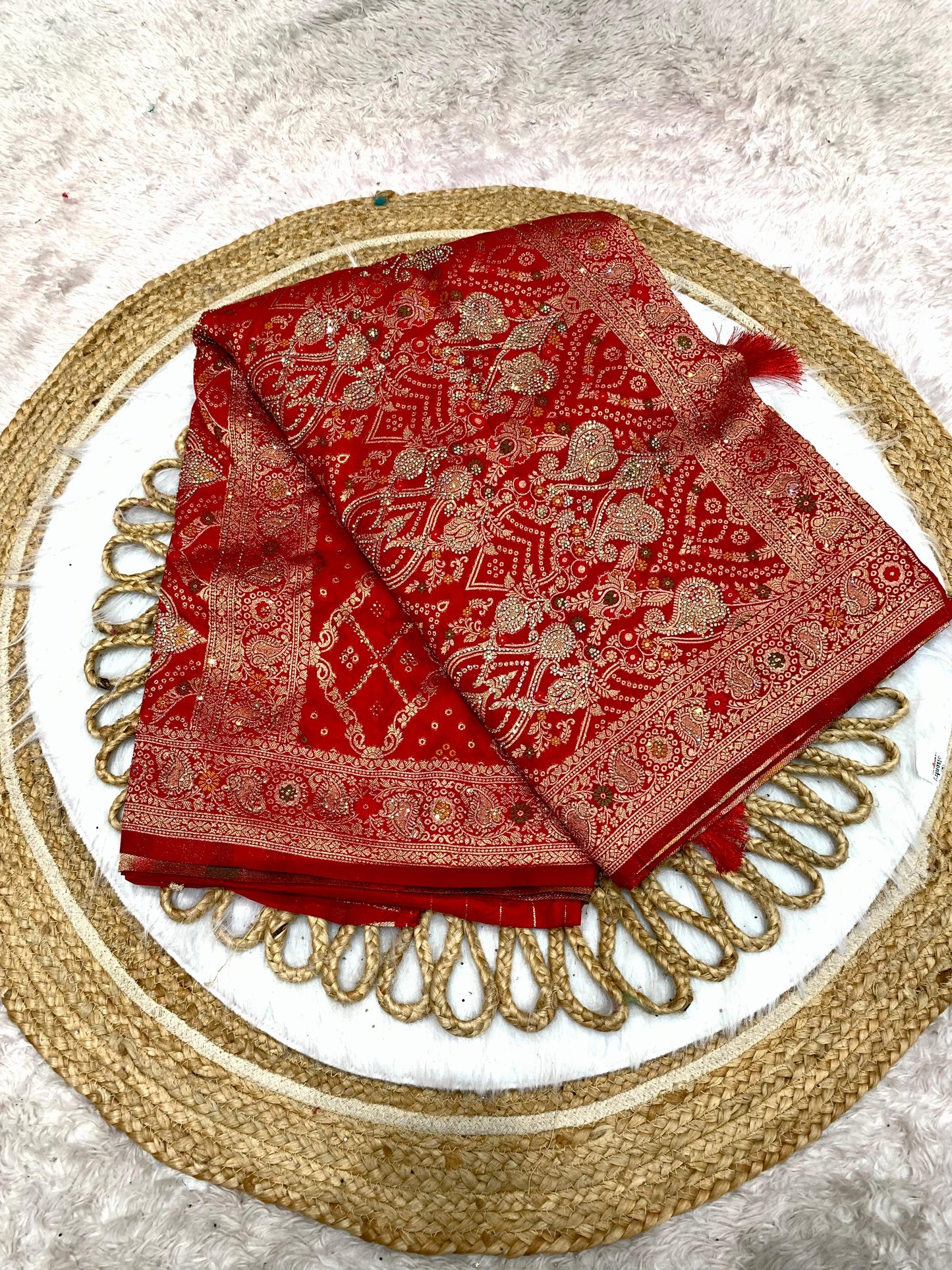 BS-GHARCHOLA EUROPIAN DOLA SILK WITH HEAVY JARKAN WORK WITH GRAND PALLU WITH GHARCHOLA DESIGN