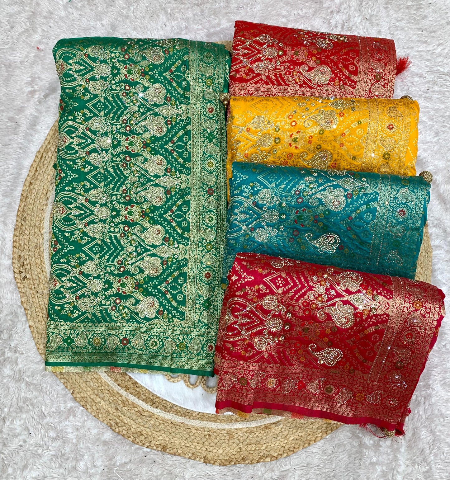 BS-GHARCHOLA EUROPIAN DOLA SILK WITH HEAVY JARKAN WORK WITH GRAND PALLU WITH GHARCHOLA DESIGN