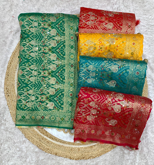 BS-GHARCHOLA EUROPIAN DOLA SILK WITH HEAVY JARKAN WORK WITH GRAND PALLU WITH GHARCHOLA DESIGN