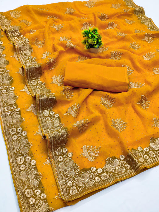DF-BELL PREMIUM SIMMER SAREE WITH BEAUTIFUL HEAVY EMBORIDERY WORK WITH BELL DESIGN ON BODY WITH SIROSKI WORK ALL OVER