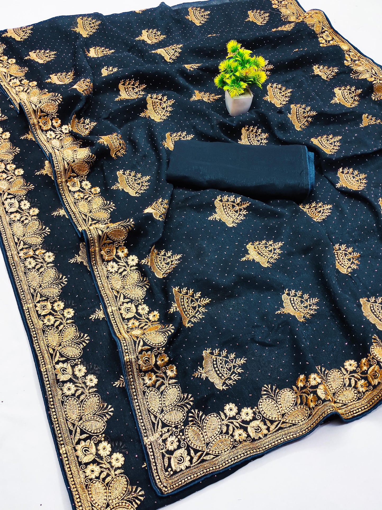 DF-BELL PREMIUM SIMMER SAREE WITH BEAUTIFUL HEAVY EMBORIDERY WORK WITH BELL DESIGN ON BODY WITH SIROSKI WORK ALL OVER