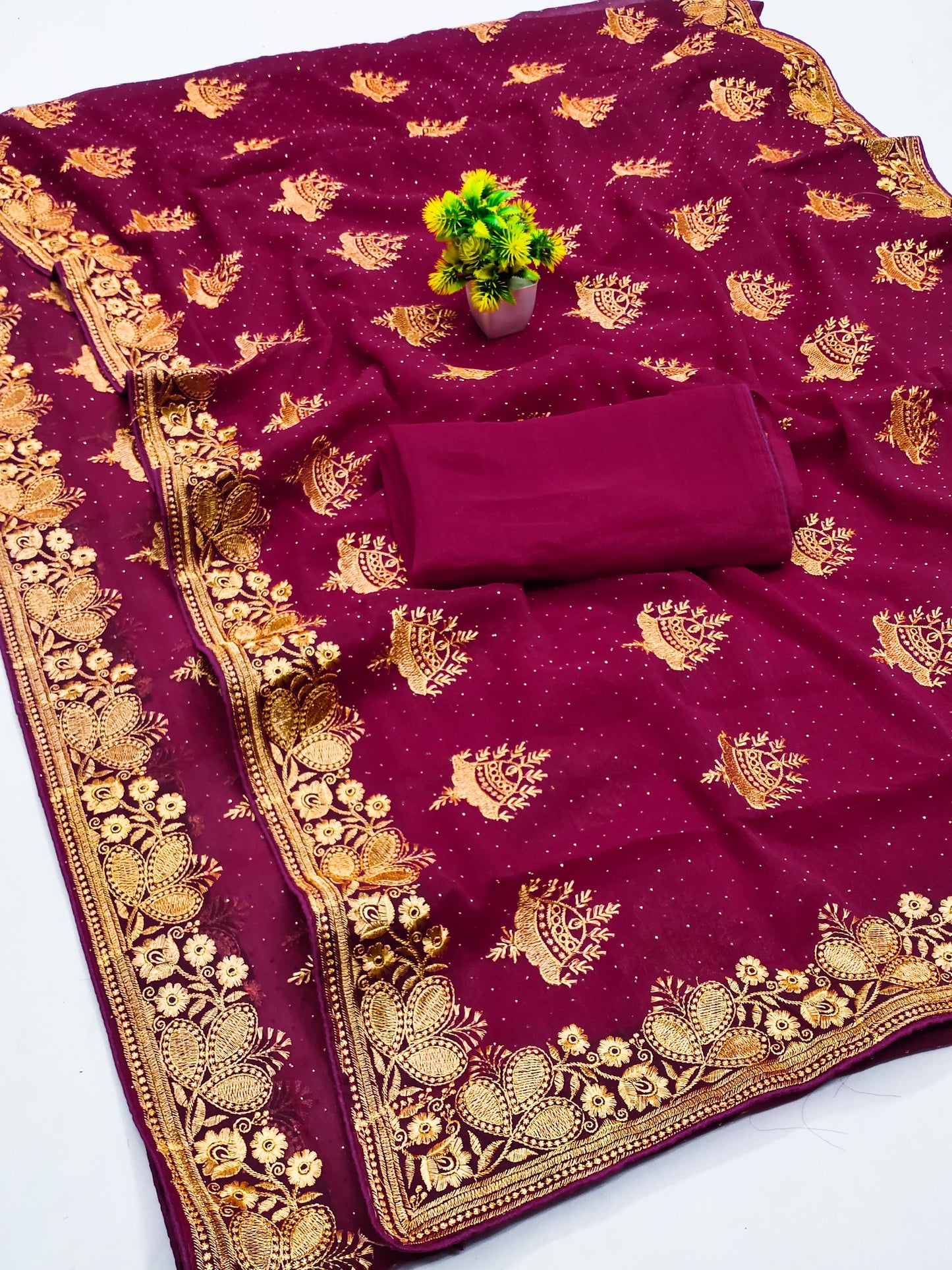 DF-BELL PREMIUM SIMMER SAREE WITH BEAUTIFUL HEAVY EMBORIDERY WORK WITH BELL DESIGN ON BODY WITH SIROSKI WORK ALL OVER