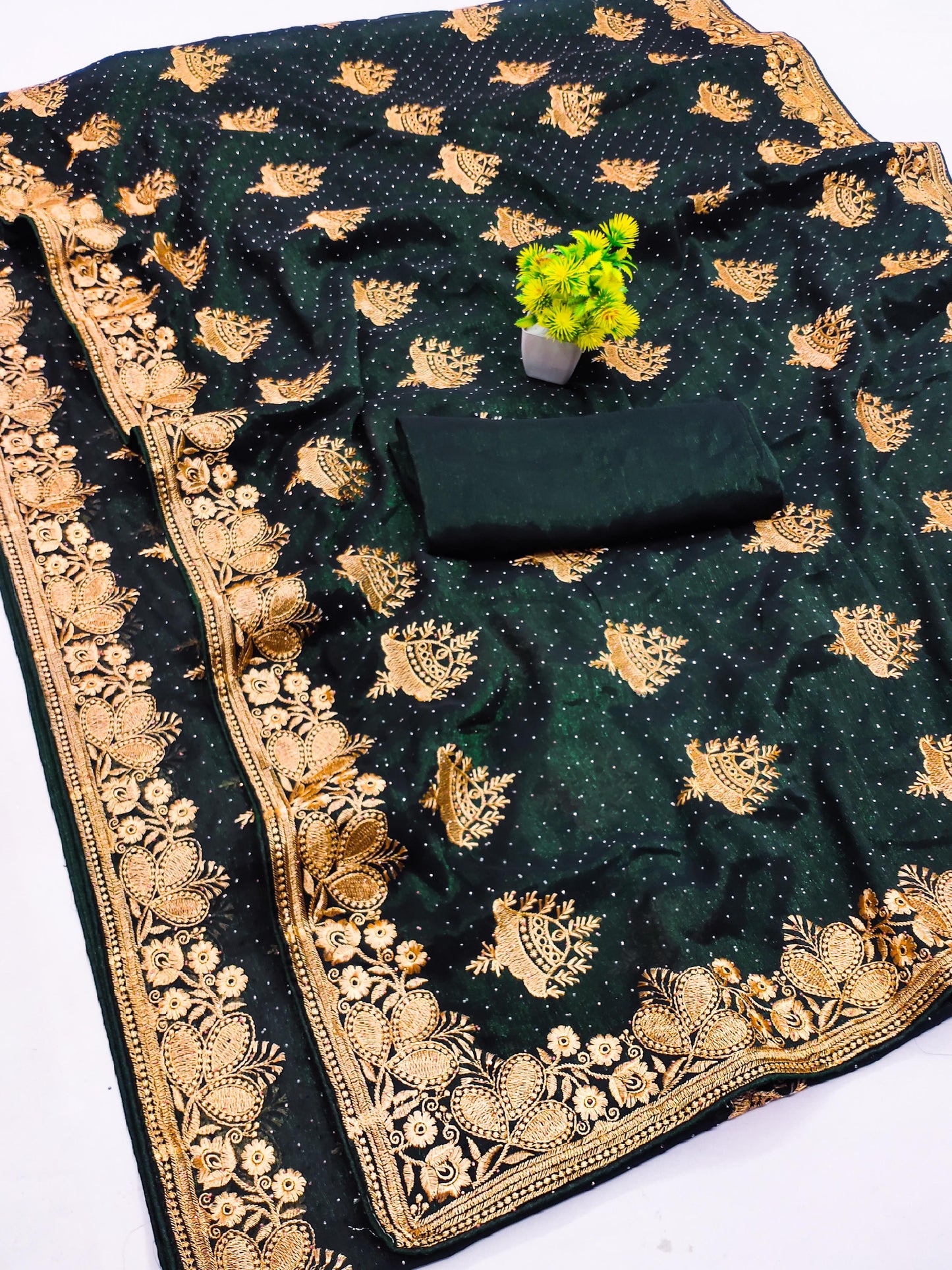 DF-BELL PREMIUM SIMMER SAREE WITH BEAUTIFUL HEAVY EMBORIDERY WORK WITH BELL DESIGN ON BODY WITH SIROSKI WORK ALL OVER
