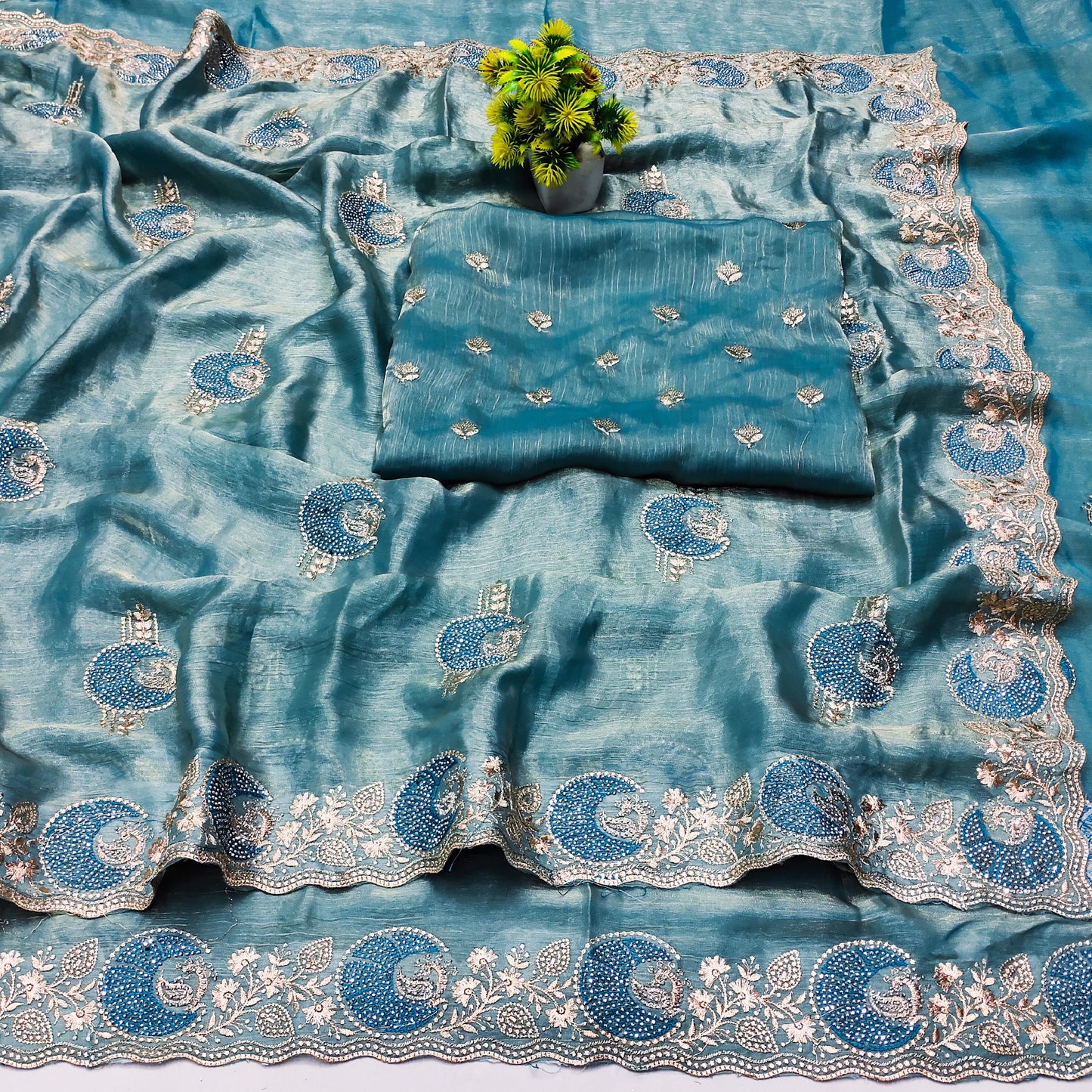 DF-CHAND FENDI CHIFFON SAREE WITH BEAUTIFUL CHAND DESIGN WITH EMBROIDERY WORK WITH SIROSKI WORK